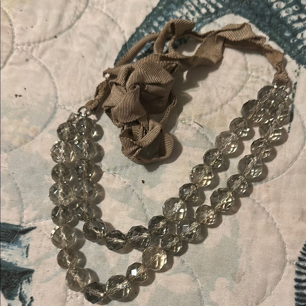 Piper Crystal Necklace with Tan Ribbon